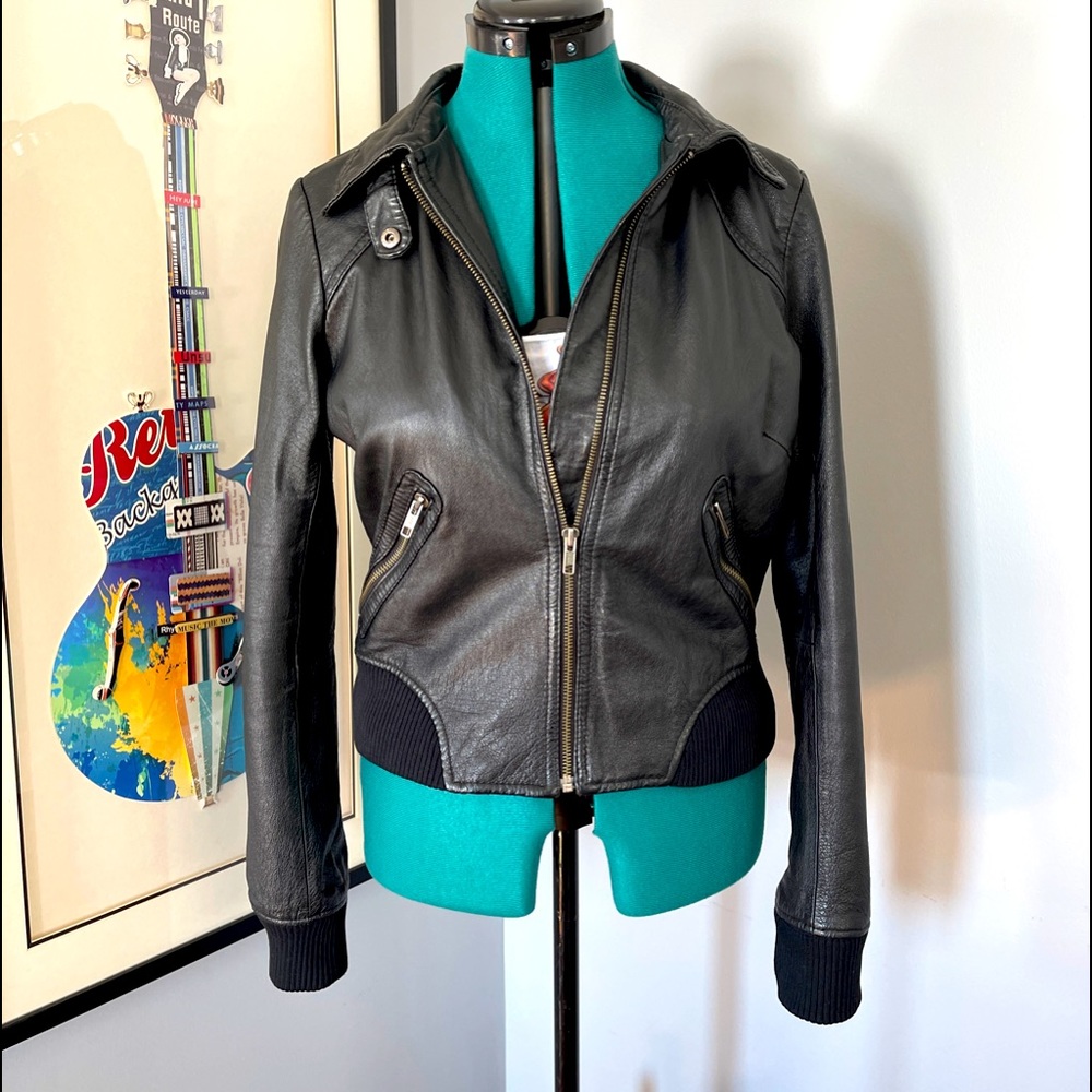 H&M Genuine Leather Bomber Jacket with Ribbed Cuffs and Hem Black Sz Small